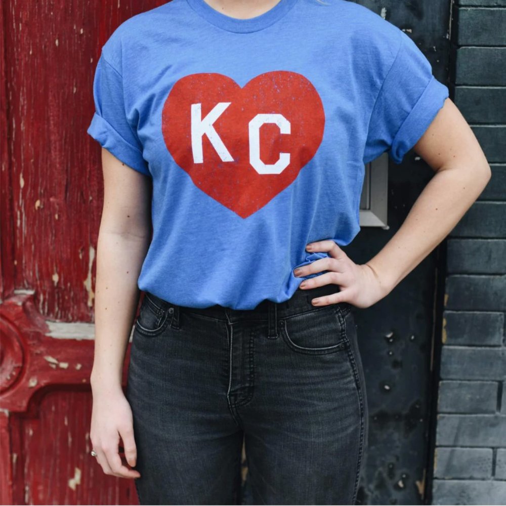 Charlie Hustle KU Jayhawks Blue & Crimson KC Heart Tee